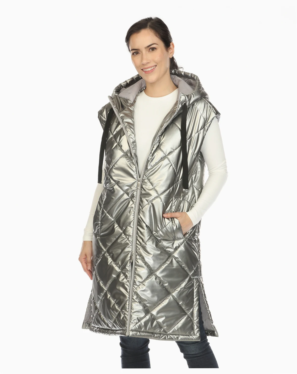 Women's Metallic Long Puffer Vest Jacket