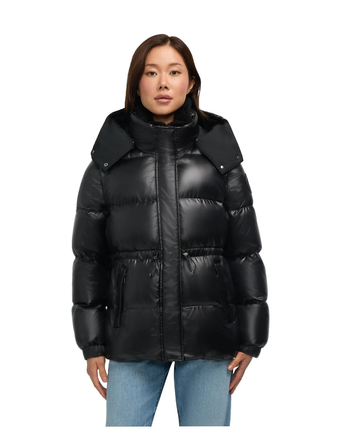 Women’s Halo Puffer with Removable Hood and Faux Sherpa Bib