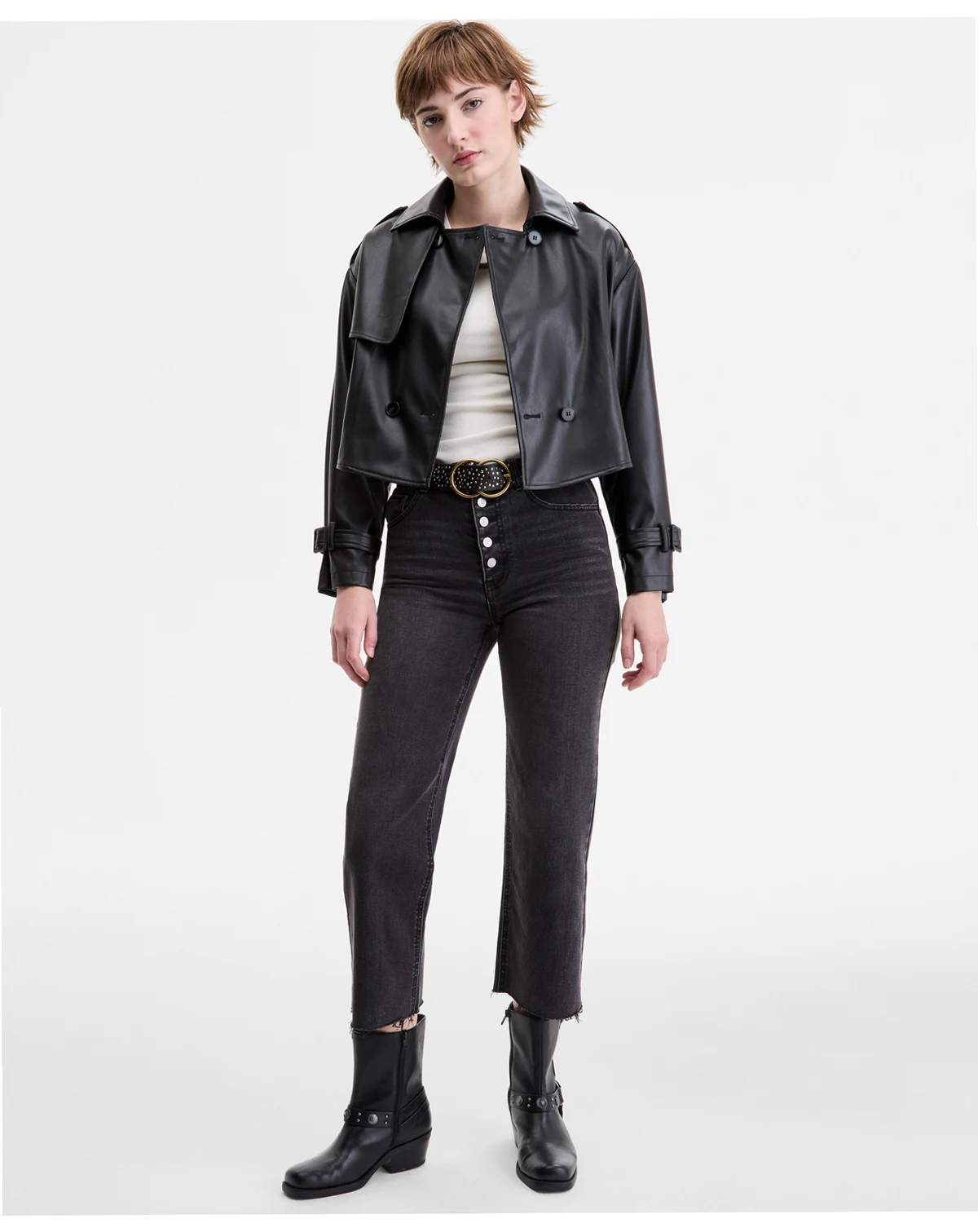 Juniors' Cropped Faux-Leather Belted Trench Coat