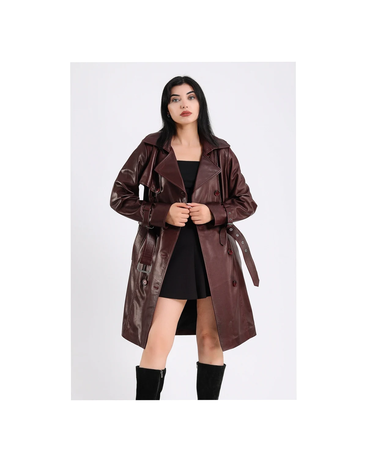 Women's Leather Trench Coat, Burgundy , Created for Macy s
