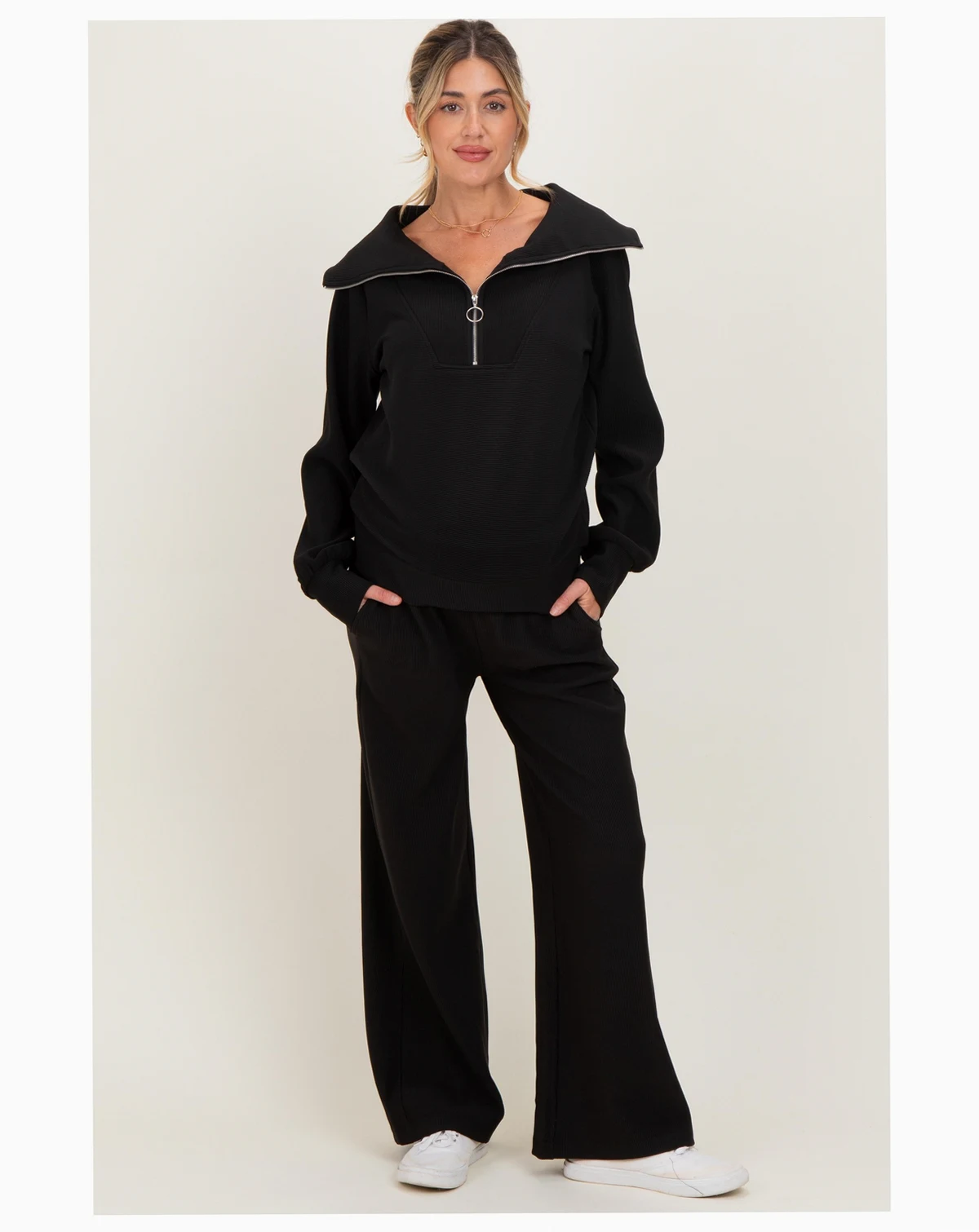 Maternity Brown Ribbed Half Zip Pullover Wide Leg Pant Set