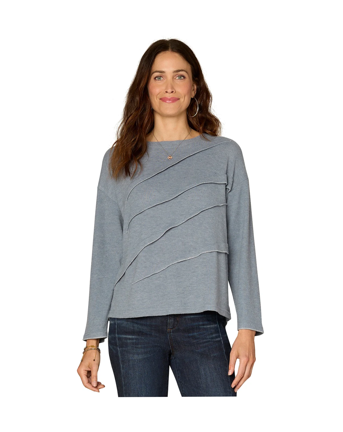 Petite Long-Sleeve Boat Neck Mix Media Knit Top