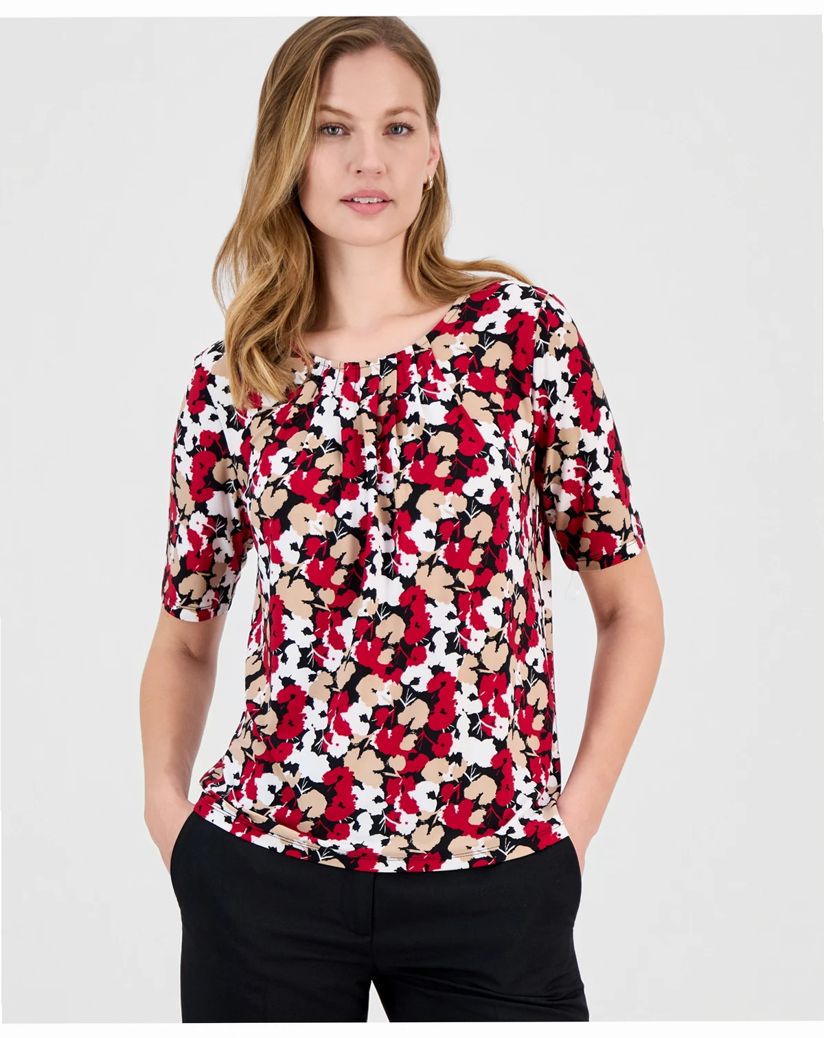 Women's Printed Pleated-Neck Top, Regular & Petite