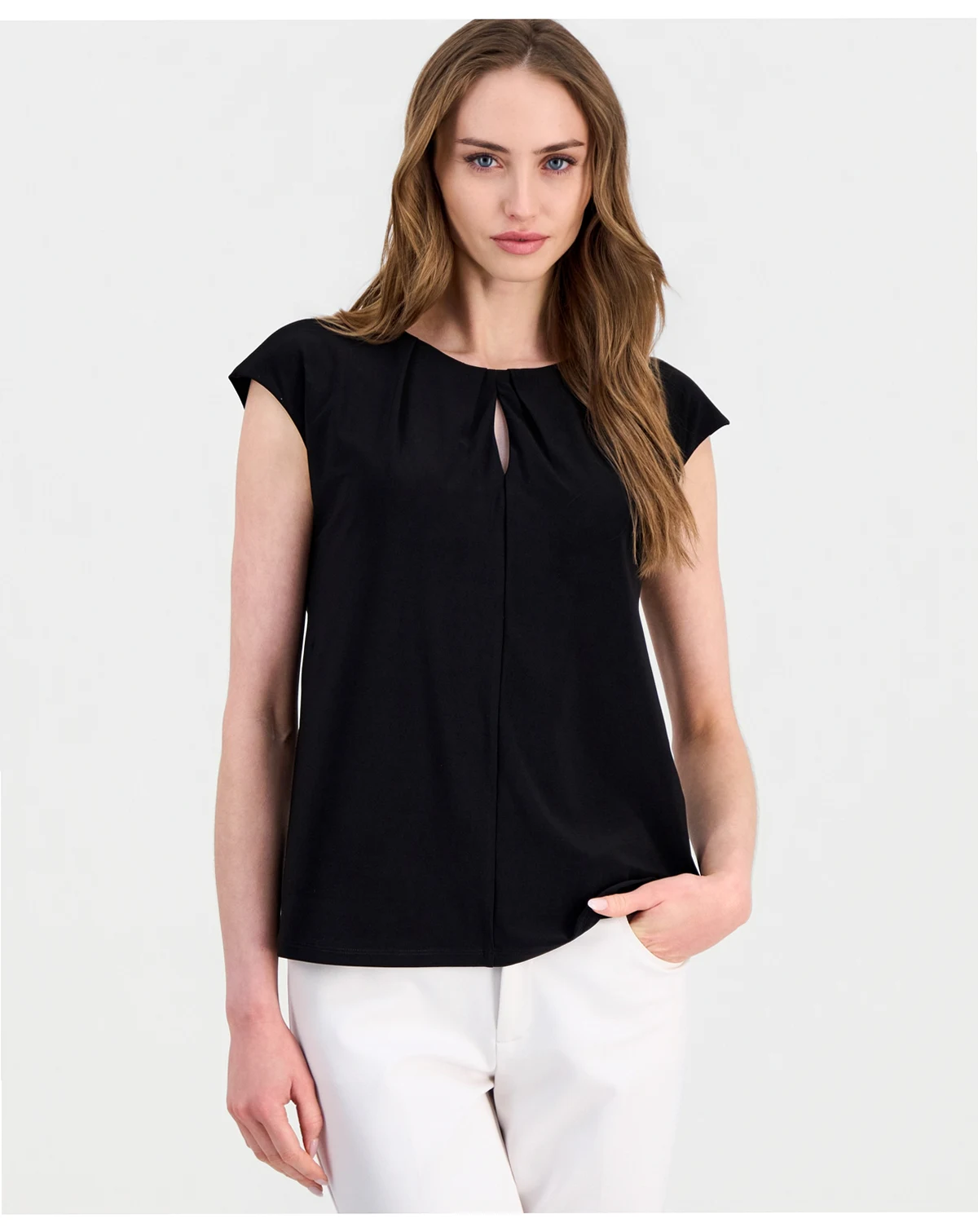 Women's Pleat-Neck Cap-Sleeve Top