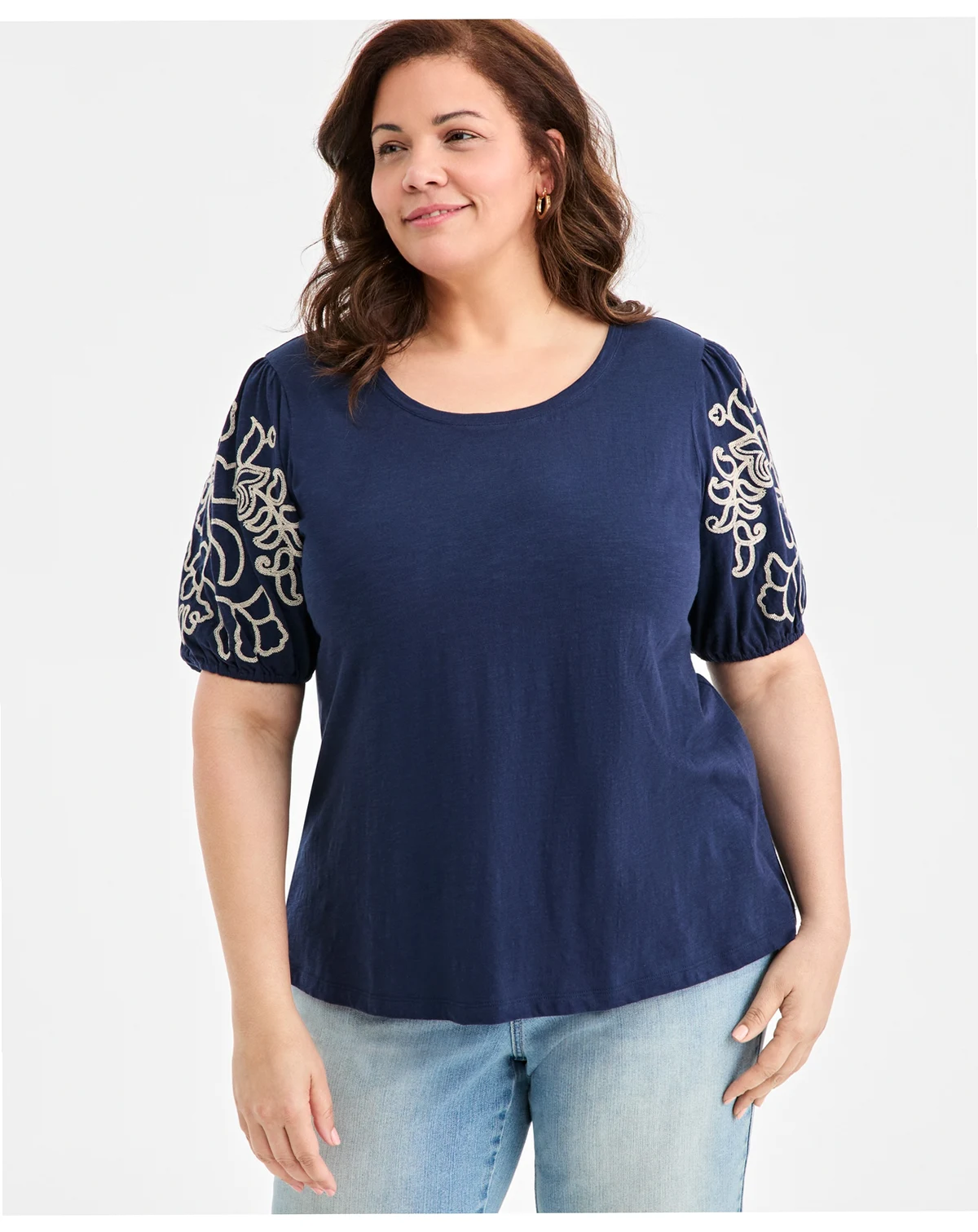 Plus Size Cotton Embroidered-Sleeve Top, Macy's Exclusive