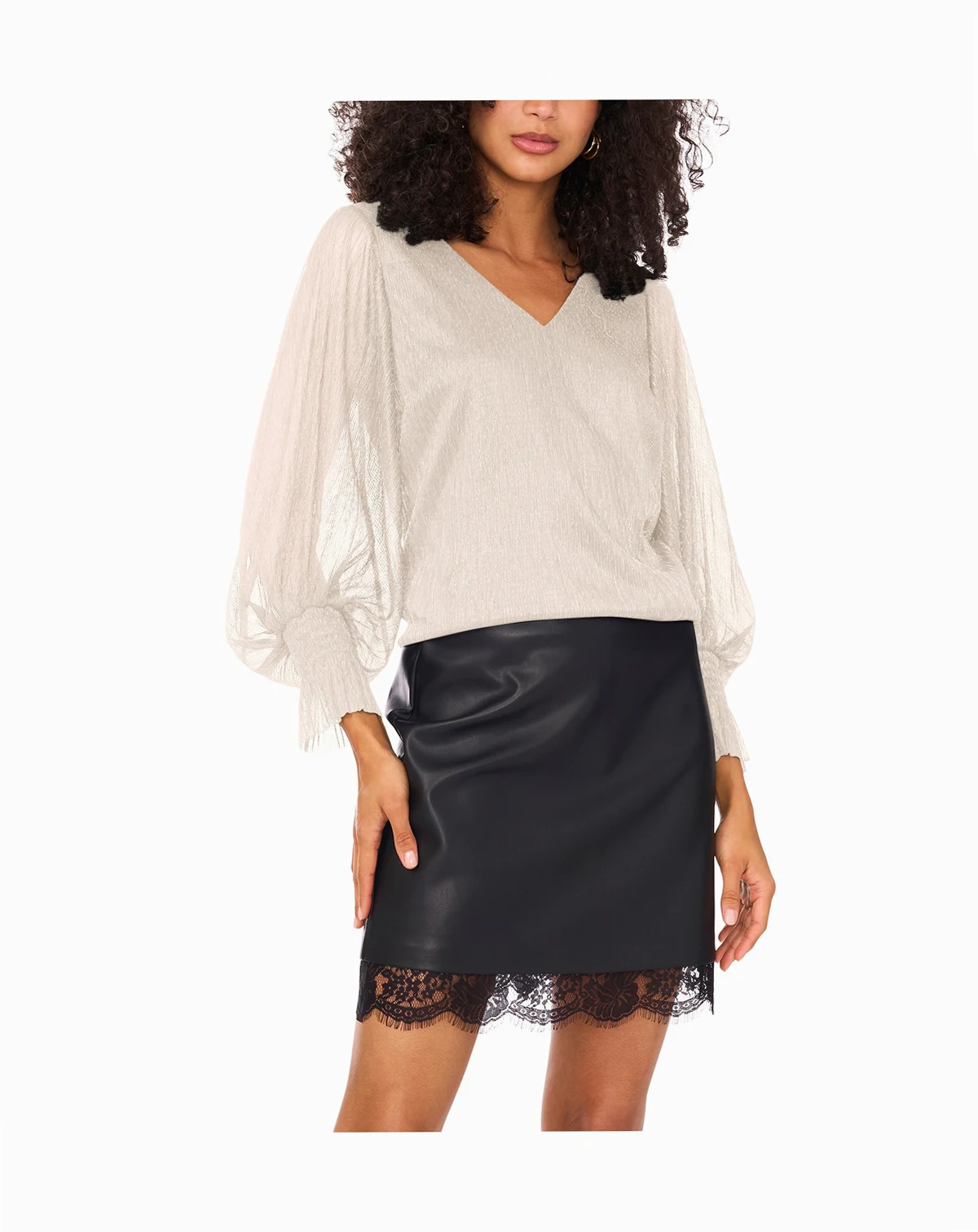 Women's Metallic V-Neck Sheer-Sleeve Top