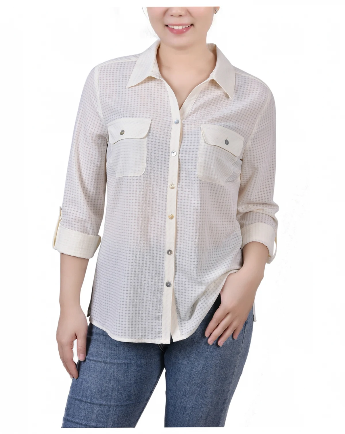 Women's 3/4 Sleeve Windowpane Blouse
