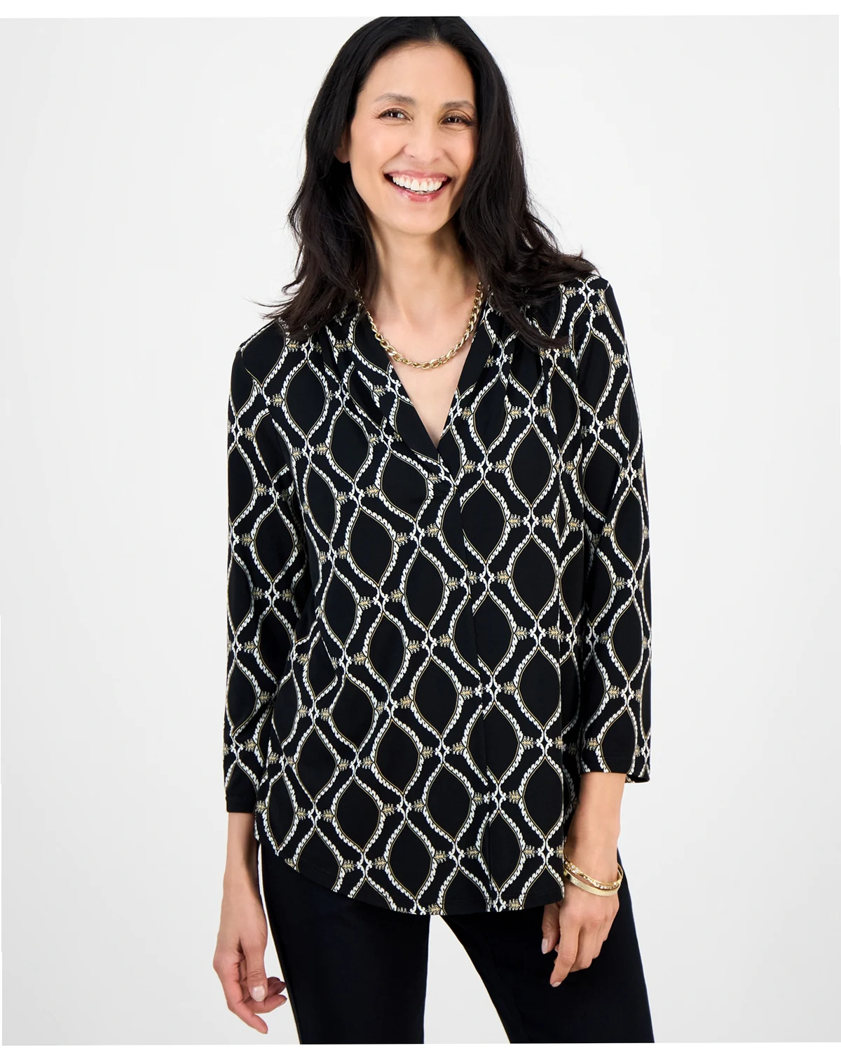 Petite Anita Ornate Printed 3/4-Sleeve Top, Macy's Exclusive