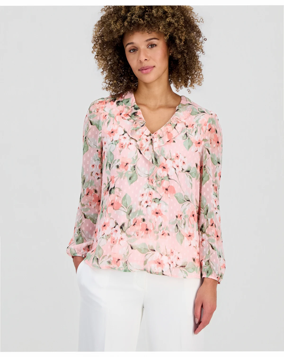 Women's Printed Clip Dot Ruffled Blouson-Sleeve Blouse