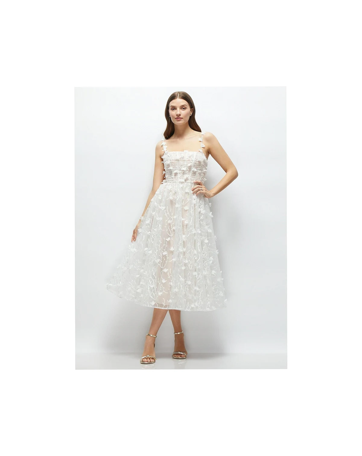 Women's 3D Floral Embroidered Little White Midi Dress with Nude Corset Underlay