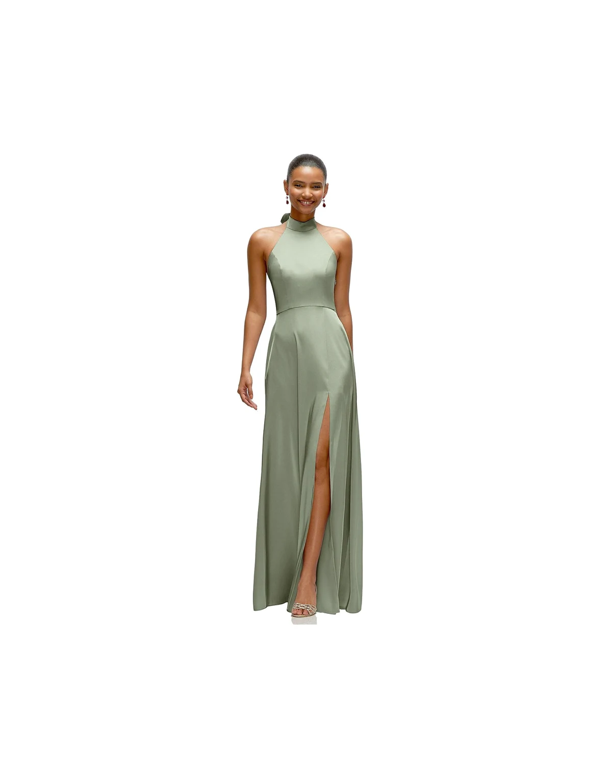 Women's Band Collar Halter Open Back Fluid Satin Maxi Dress with Self-Tie Bow