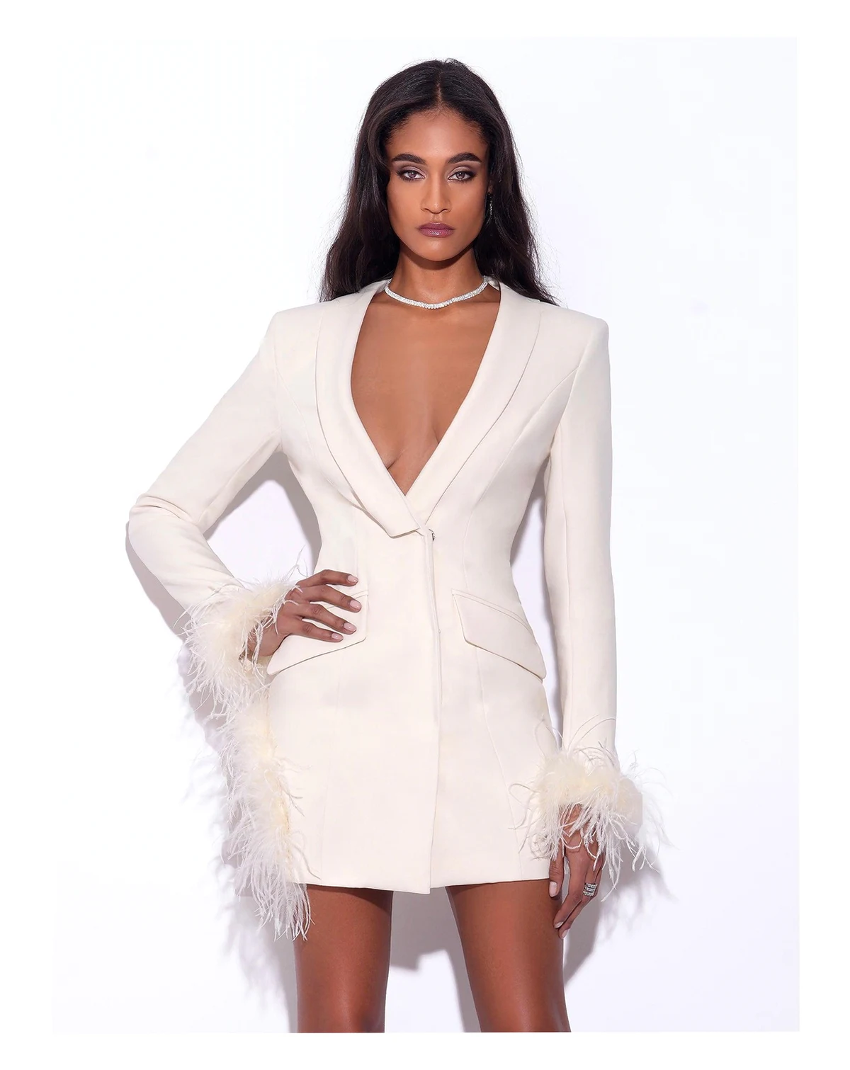 Women Madeline Pearl White Feather Trim Blazer Dress