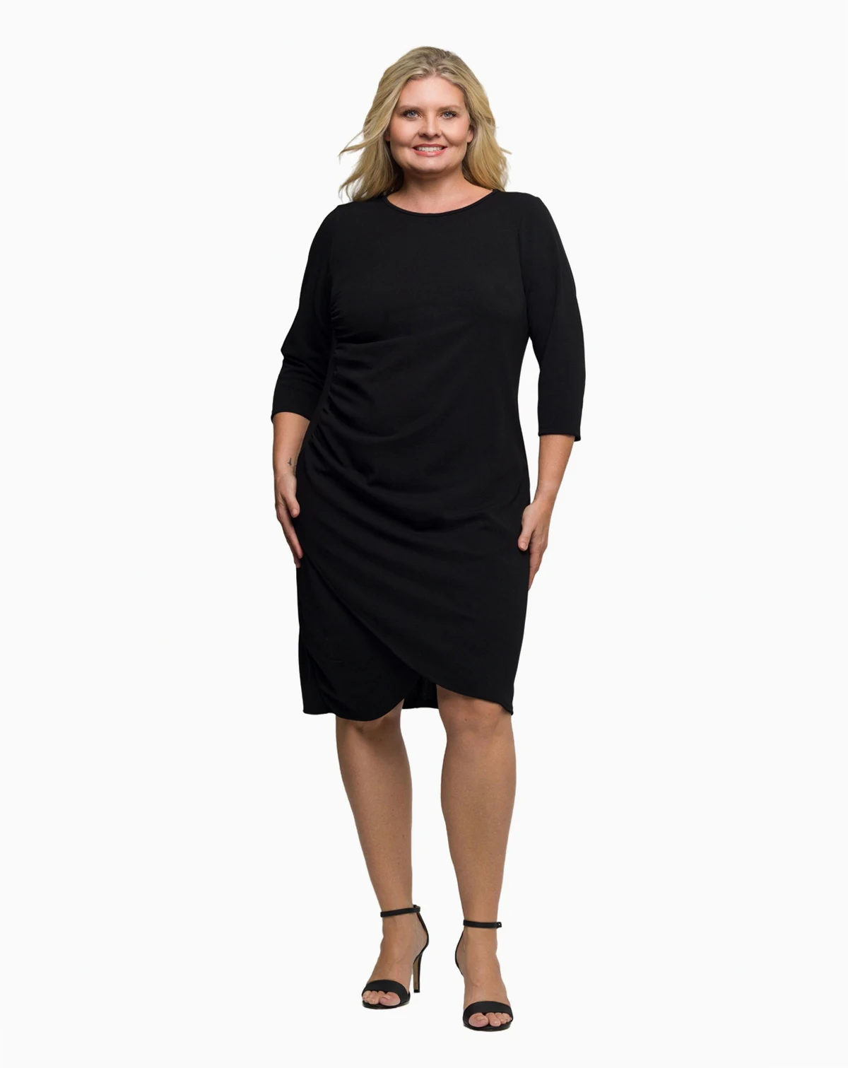 Plus Size Three Quarter Sleeve Ruched Tulip Hem Mini Dress