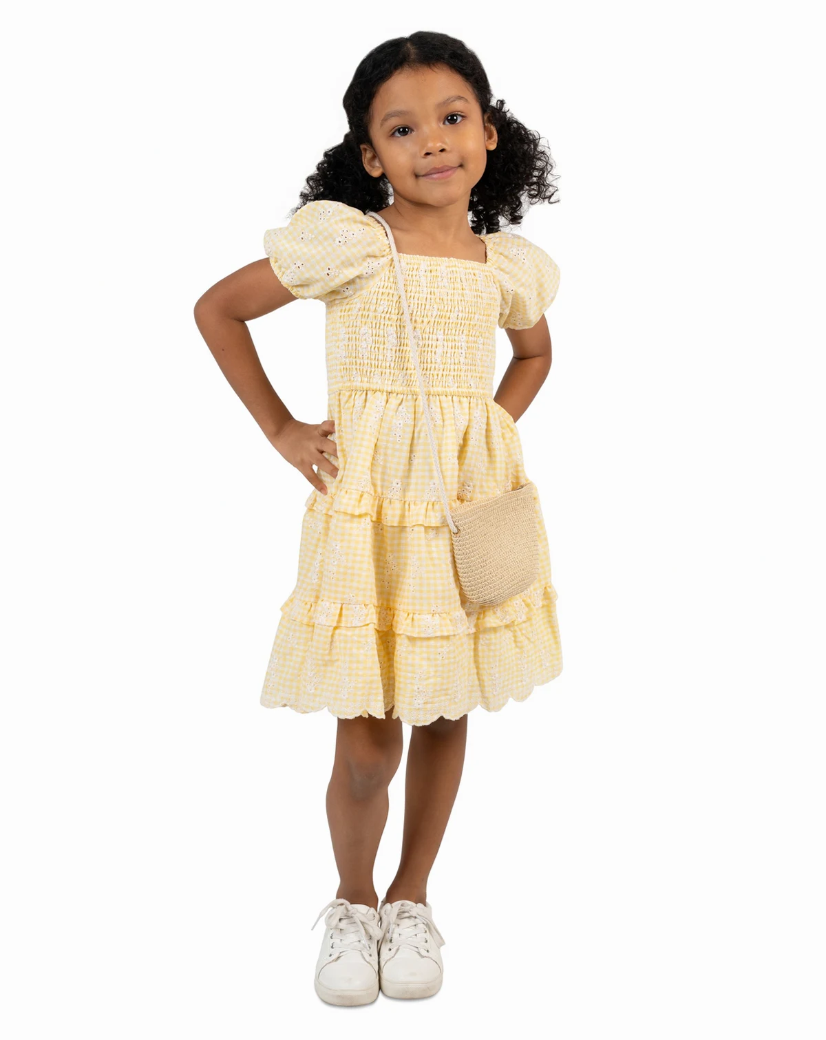 Girls' 2T-6X Eyelet Smocked Square Neck Dress and Bag, 2-Piece Set