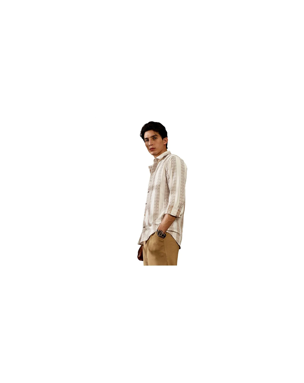 Men's Ash Brown & Off-White Indie-Stripe Jacquard Shirt