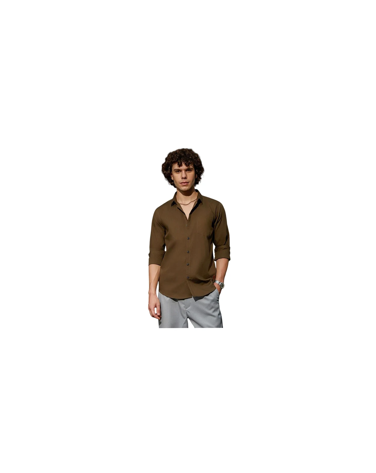 Men's Olive Green Solid Button-Up Shirt