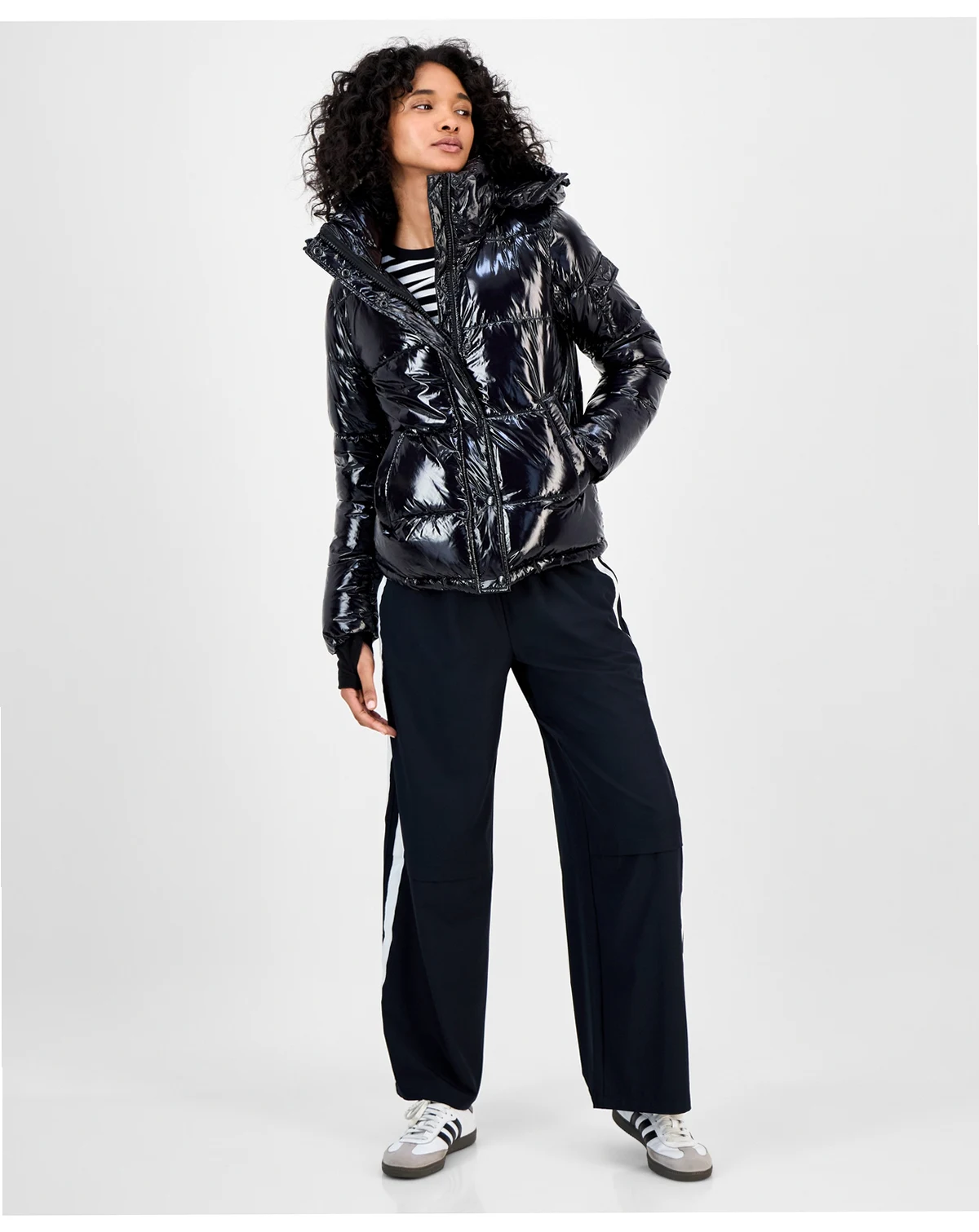 Women's Ella Hooded Thumbhole-Cuff Shine Puffer Coat