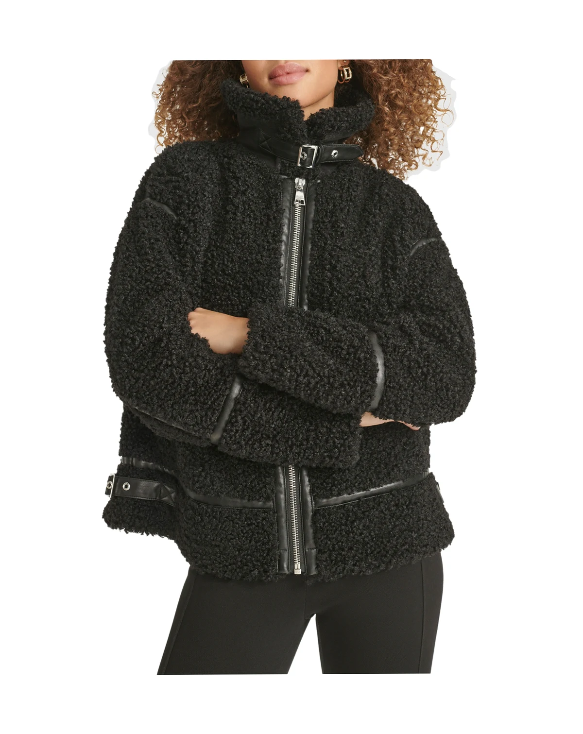 Women's Faux-Leather-Trim Teddy Moto Coat