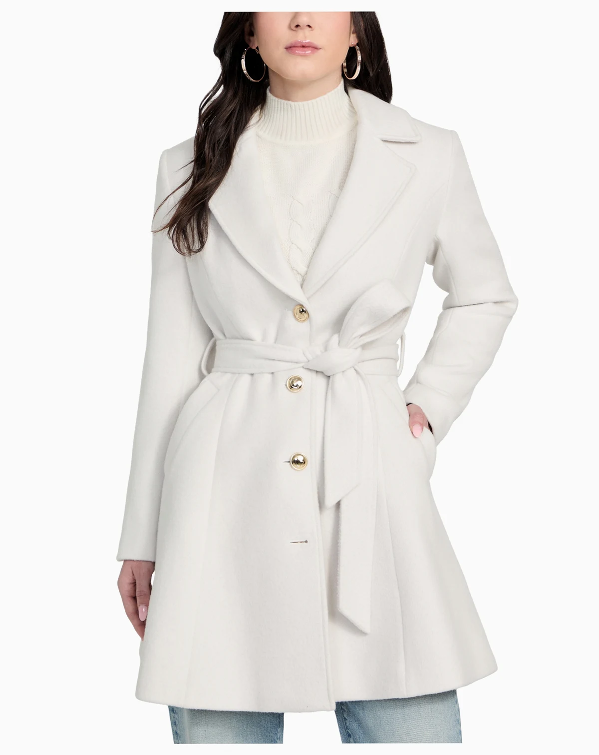 Women's Belted Faux-Fur-Collar Button-Front Coat