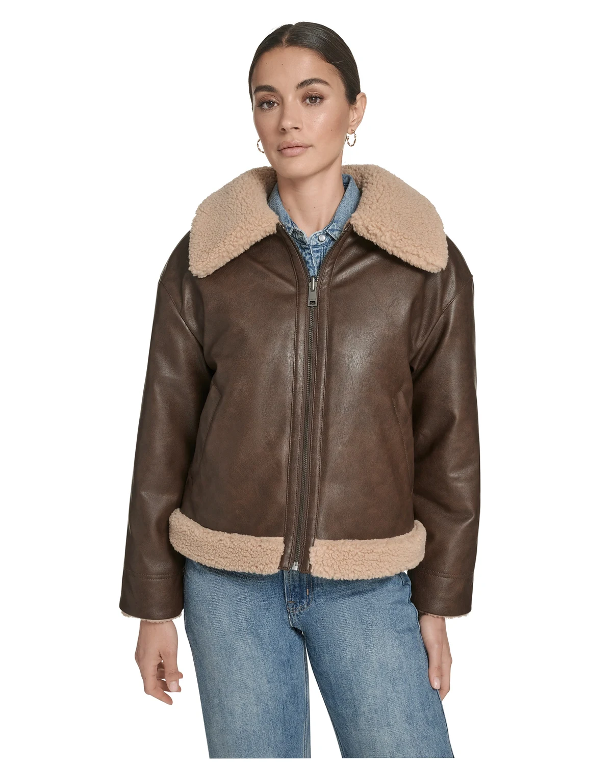 Women's Regular Reversible Sherpa to Faux Leather Aviator Jacket