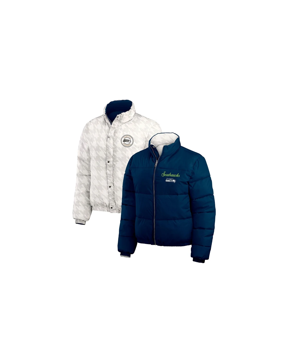 Women's College Navy/White Seattle Seahawks Reversible Cropped Full-Zip Puffer Jacket