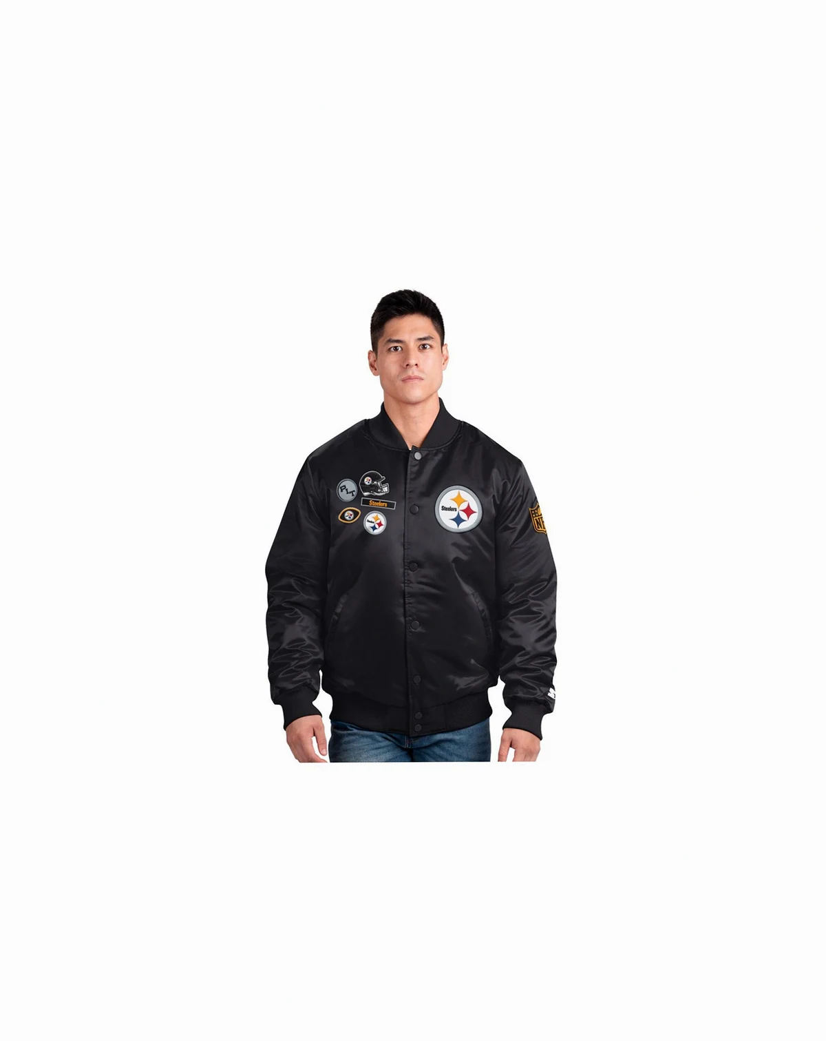 Men's Black Pittsburgh Steelers Exclusive Satin Full-Snap Varsity Jacket