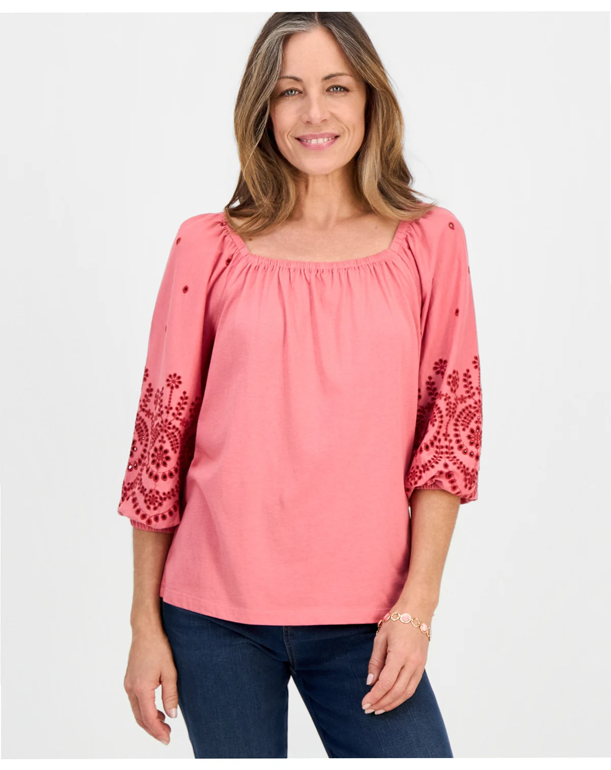 Petite Square-Neck Embroidered 3/4-Sleeve Blouse, Macy's Exclusive