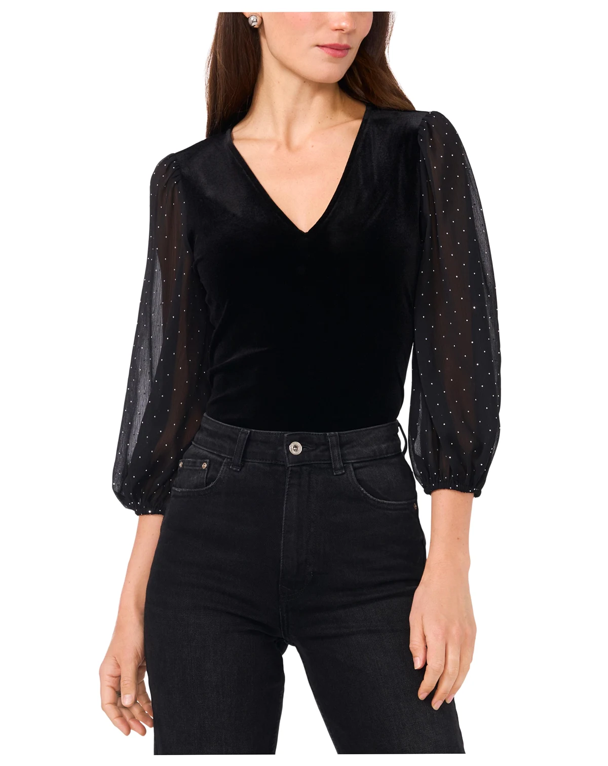 Women's Velvet V-Neck Sheer-Sleeve Top