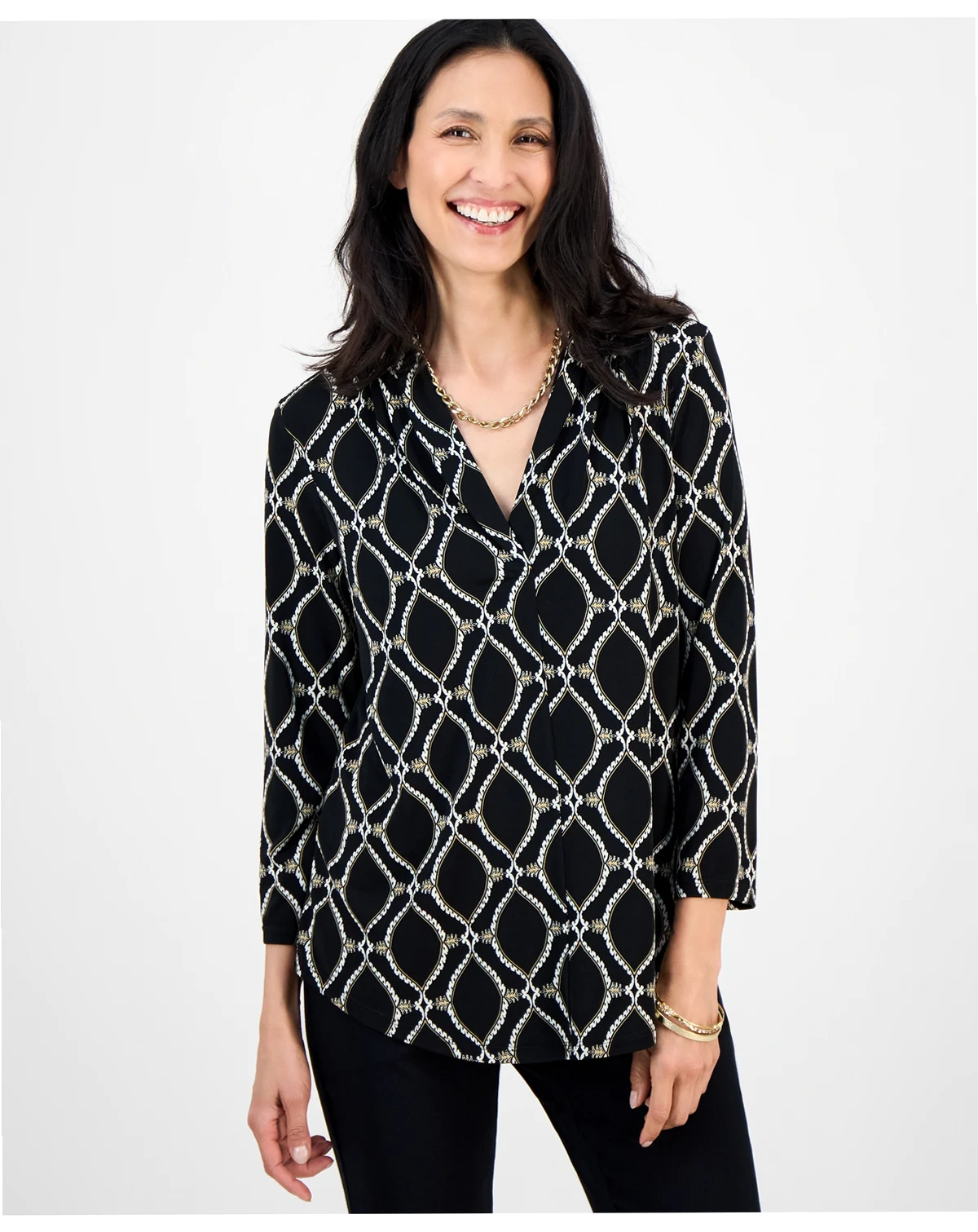 Women's Printed 3/4 Sleeve V-Neck Knit Top, Exclusively at Macy's