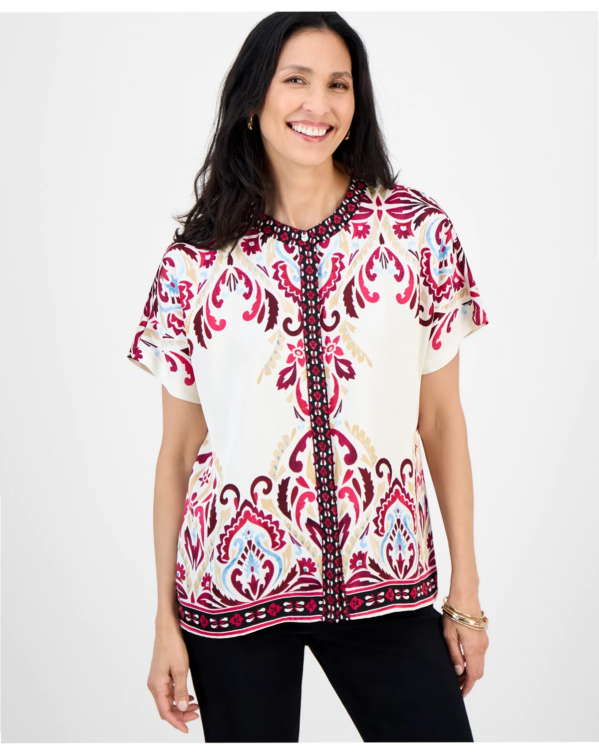 Women's Satin Printed Short-Sleeve Button Top, Exclusively at Macy's