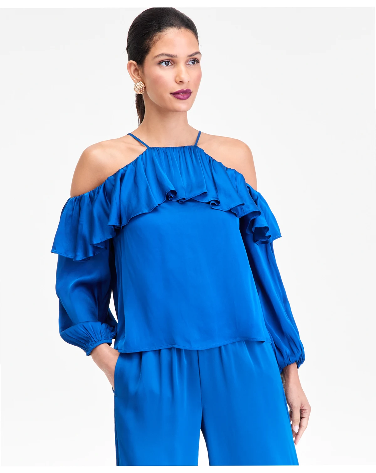 Women's Long-Sleeve Cold-Shoulder Ruffle Blouse, Macy's Exclusive