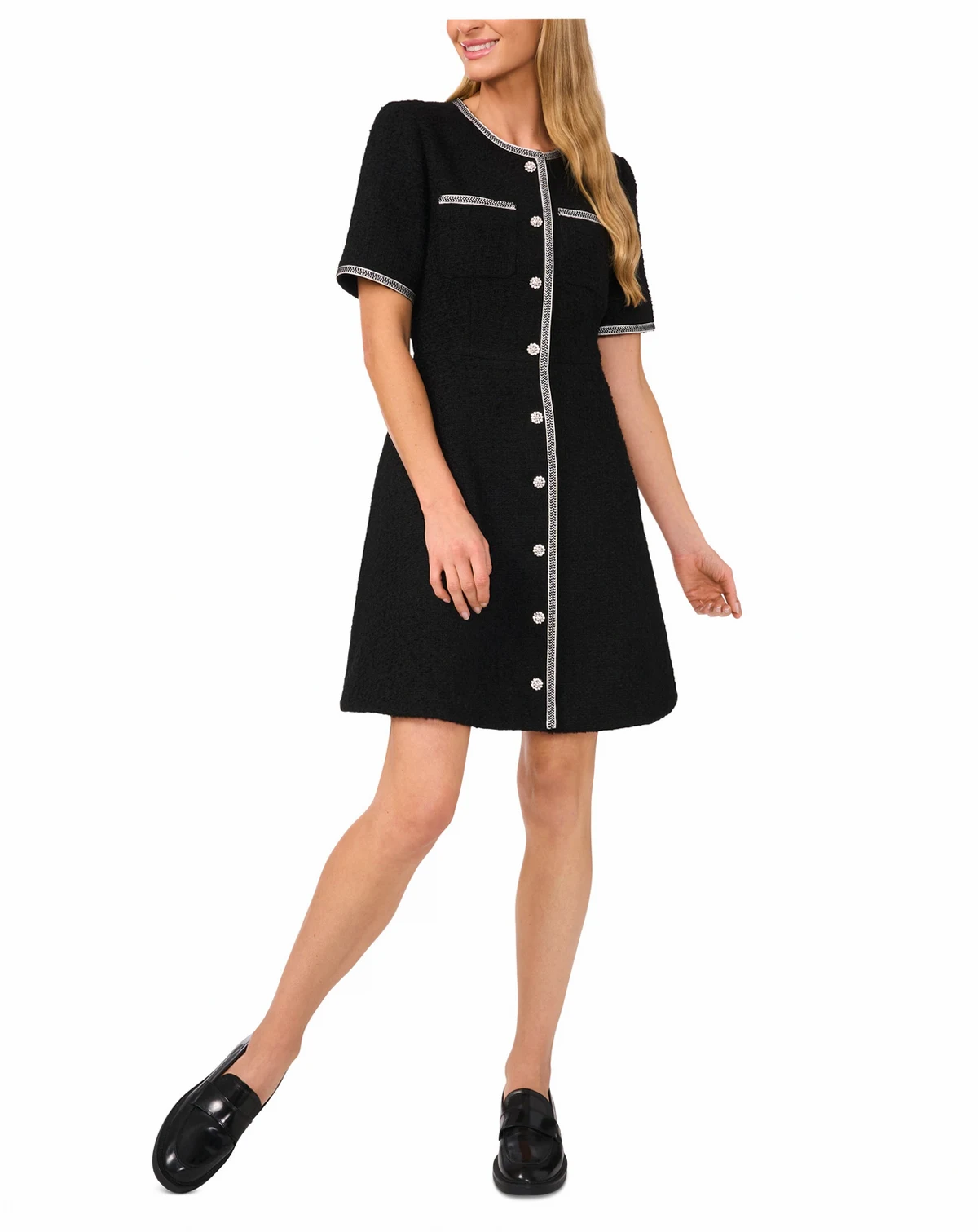 Women's Tweed Short-Sleeve Button-Front Shift Dress