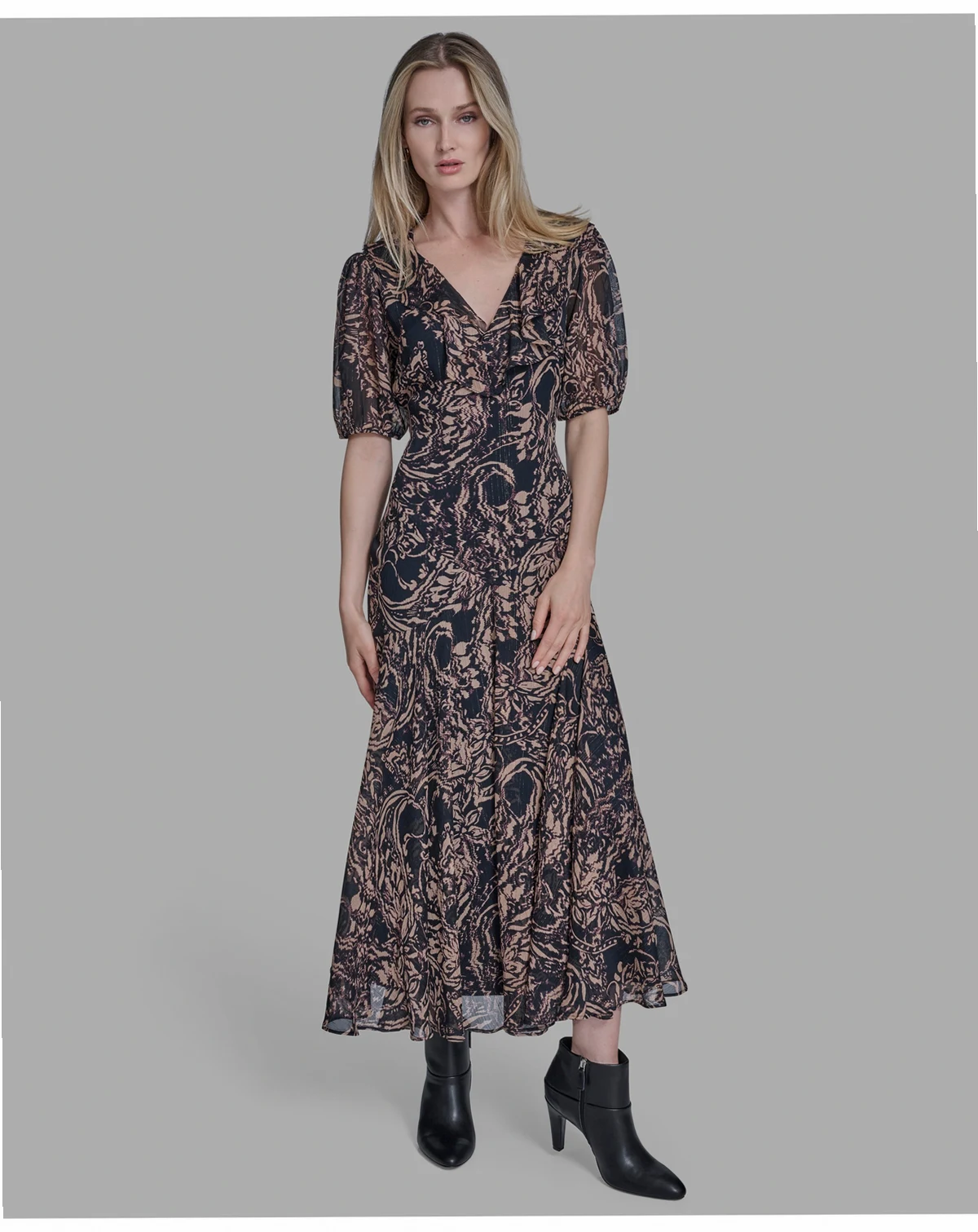Women's Chiffon Puff Sleeve Open-Back Midi Dress
