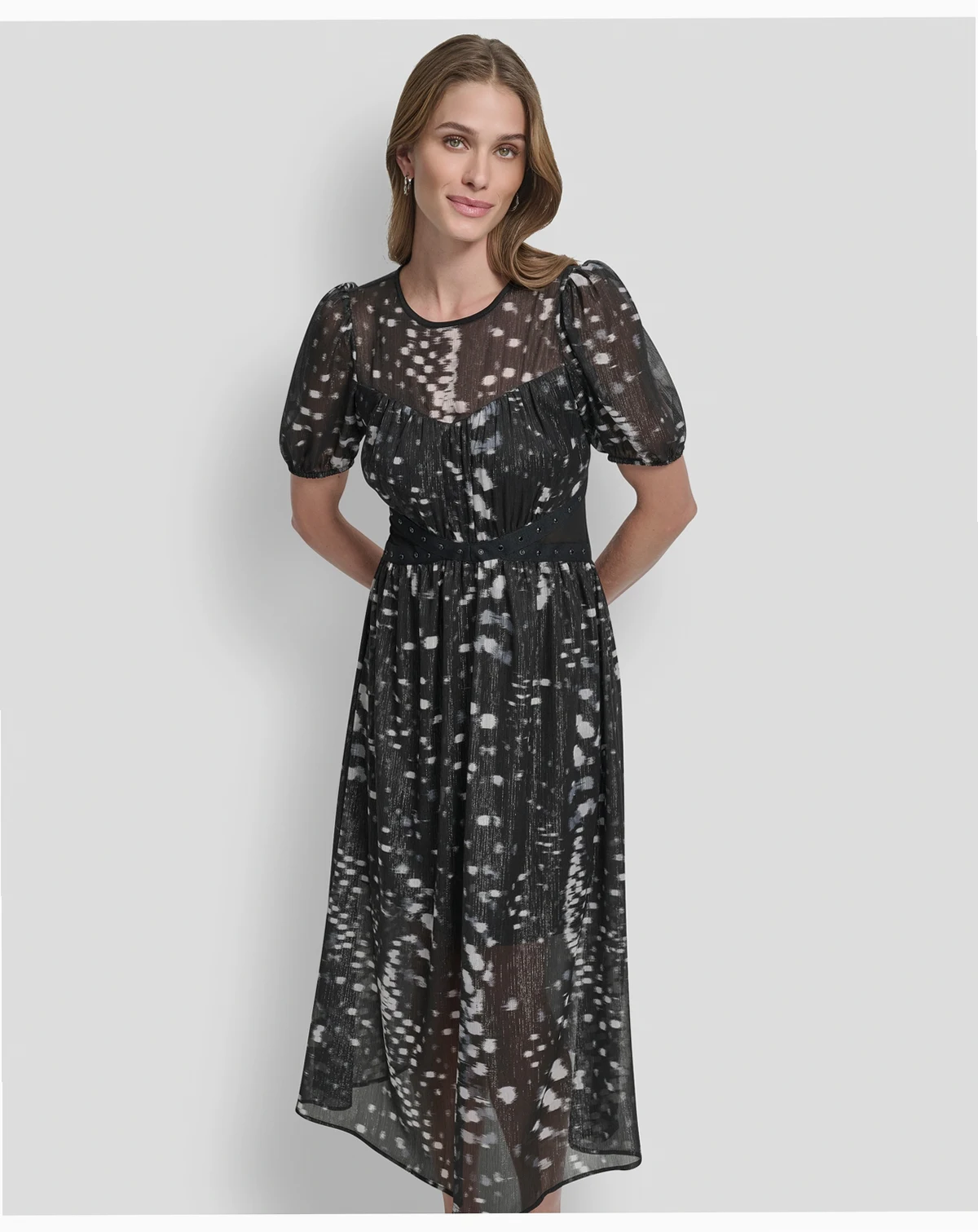 Women's Crinkle Detail Fit and Flare Midi Dress