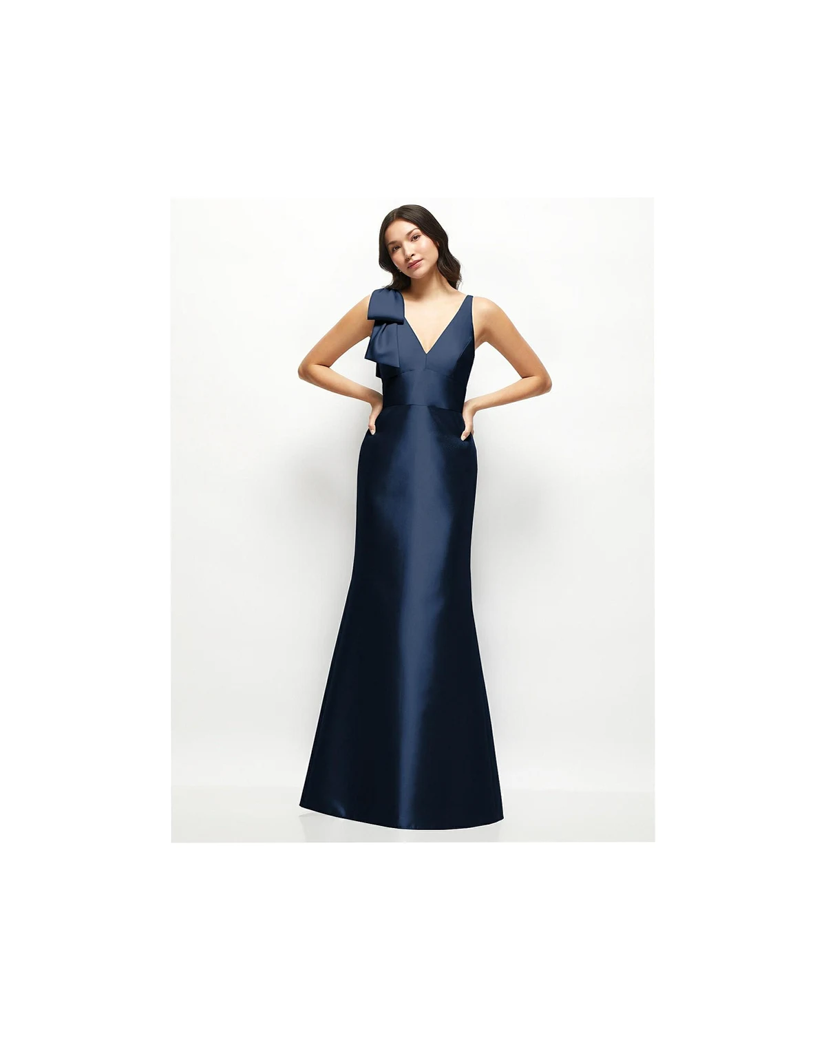Women's Deep V-back Satin Trumpet Dress with Cascading Bow at One Shoulder