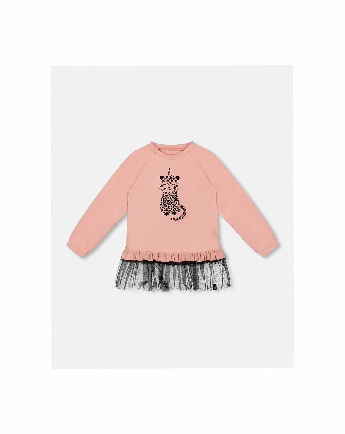 Girl Long Bi-Material Top Dusty Pink with Mesh Ruffle Hem and Leopard Print - Toddler|Child