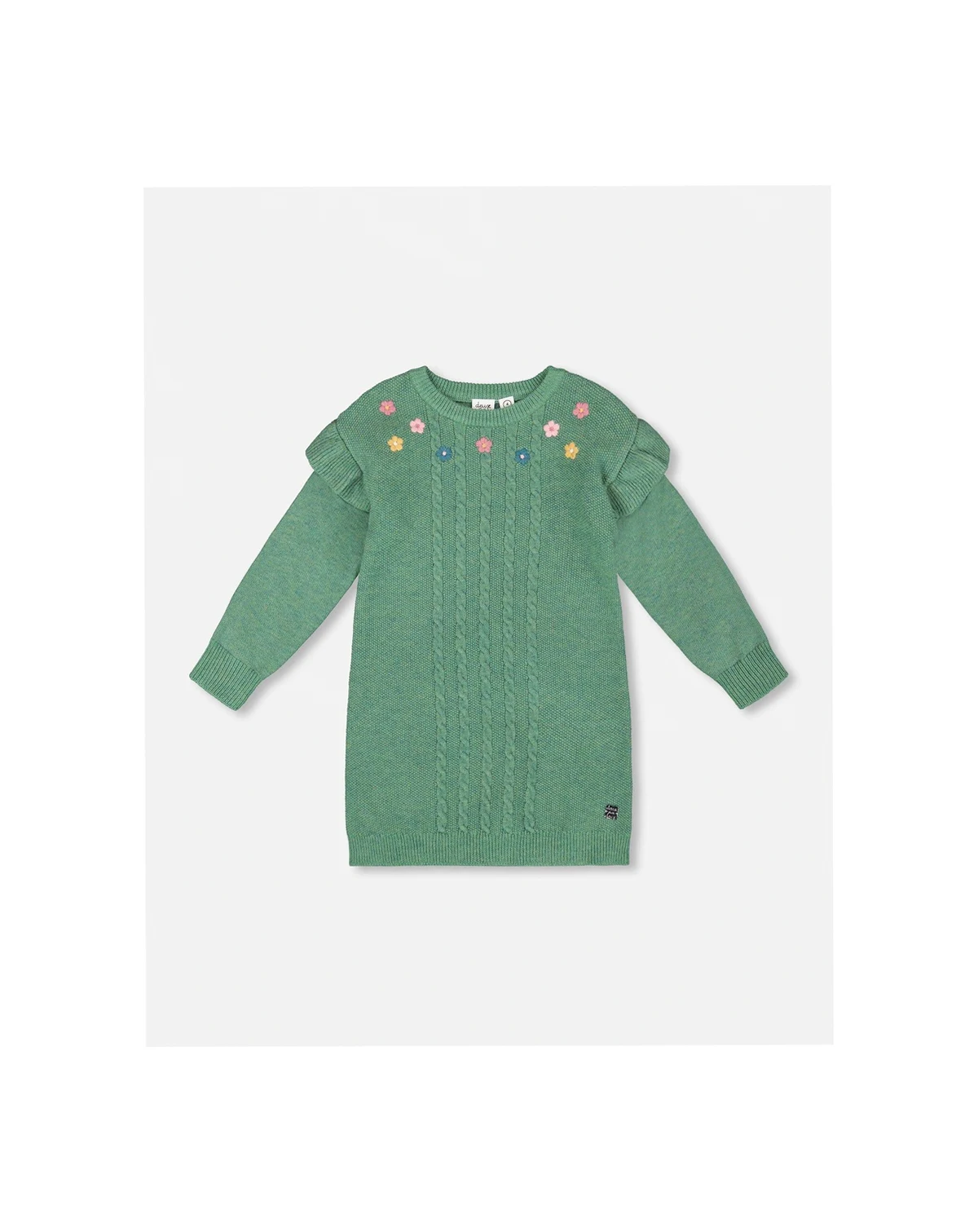 Toddler Girls Knitted Dress Sage Green with Ruffles and Floral Embroidery - Toddler|Child