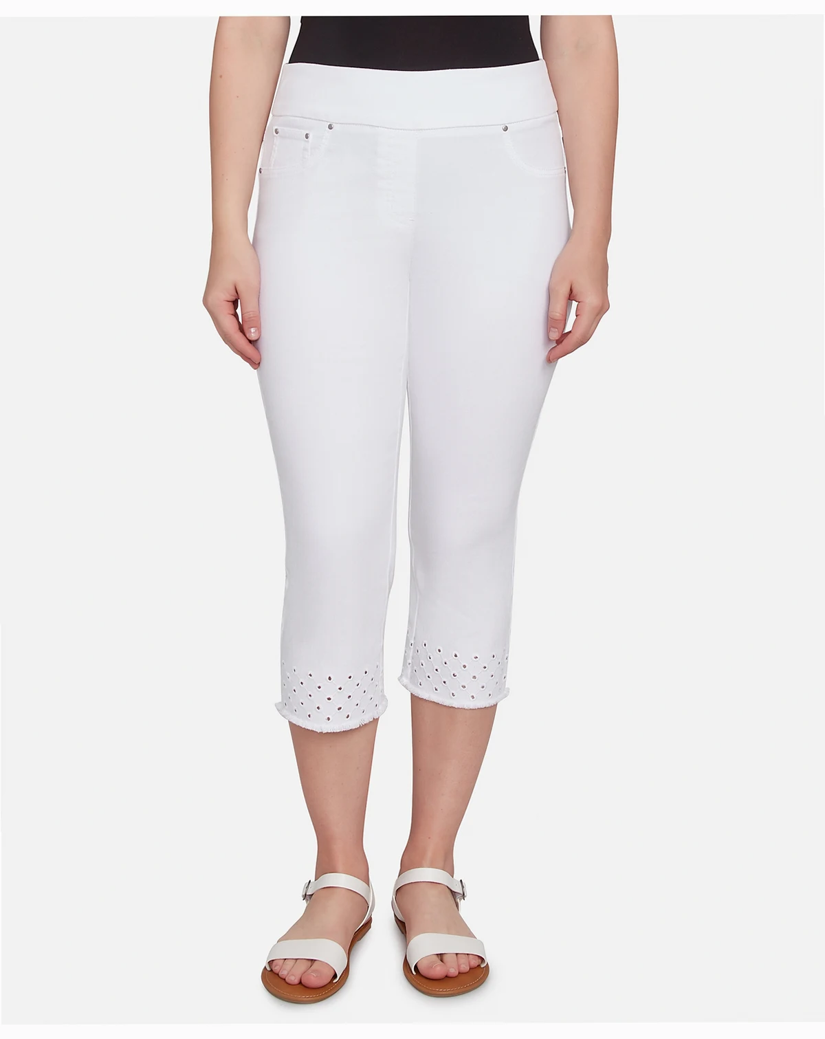 Petite Embroidered Hem Soft Stretch Denim Capri Jeans