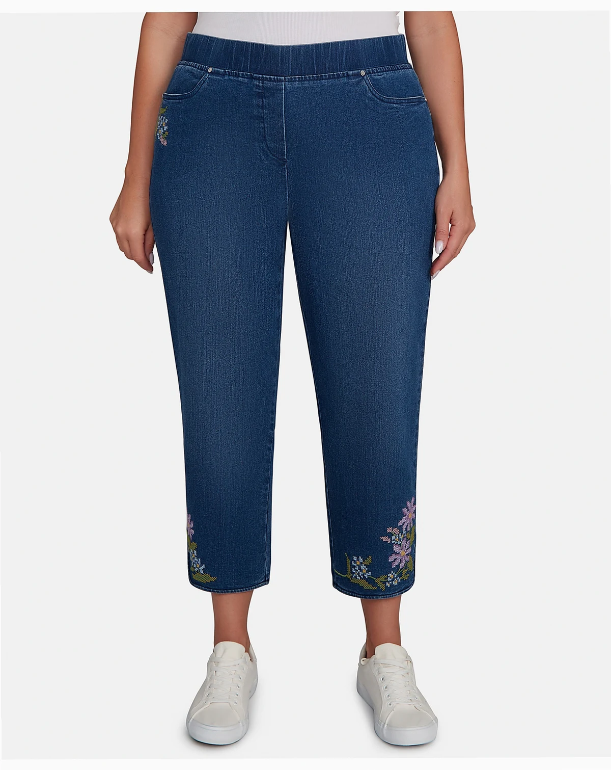 Plus Size Hilton Head Cross Stitch Flower Embroidery Ankle Jeans