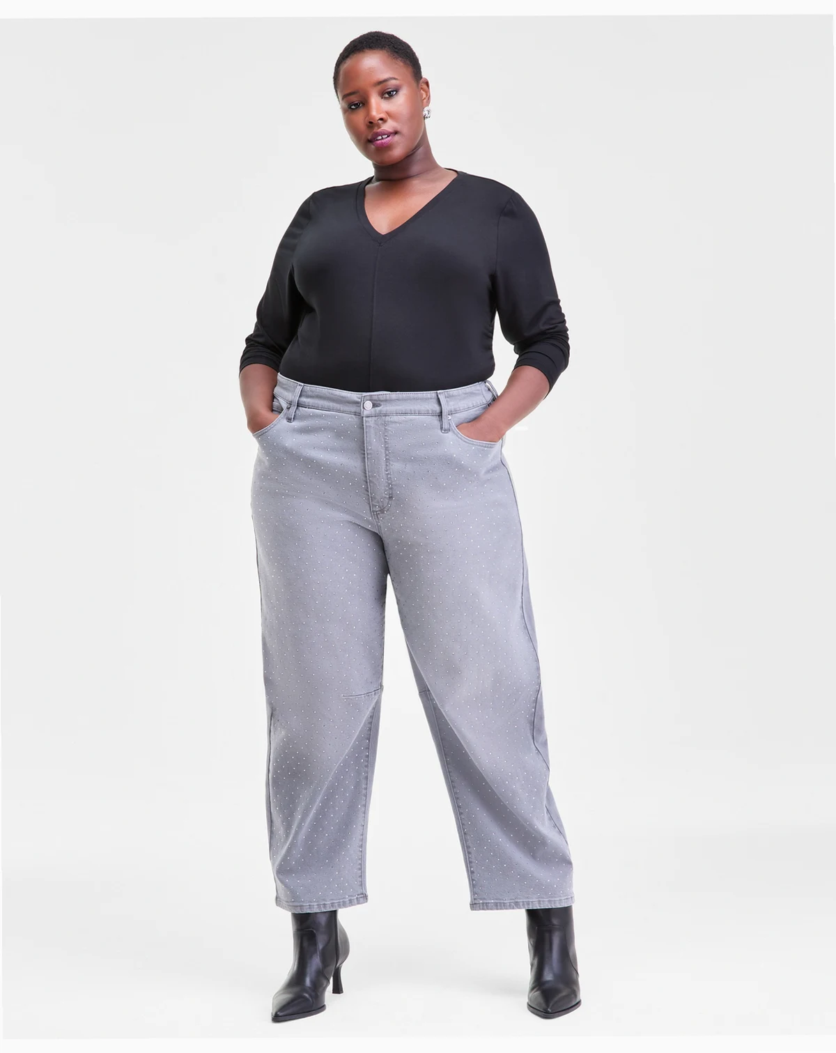 Plus Size High Rise Rhinestone Barrel-Leg Jeans, Macy's Exclusive