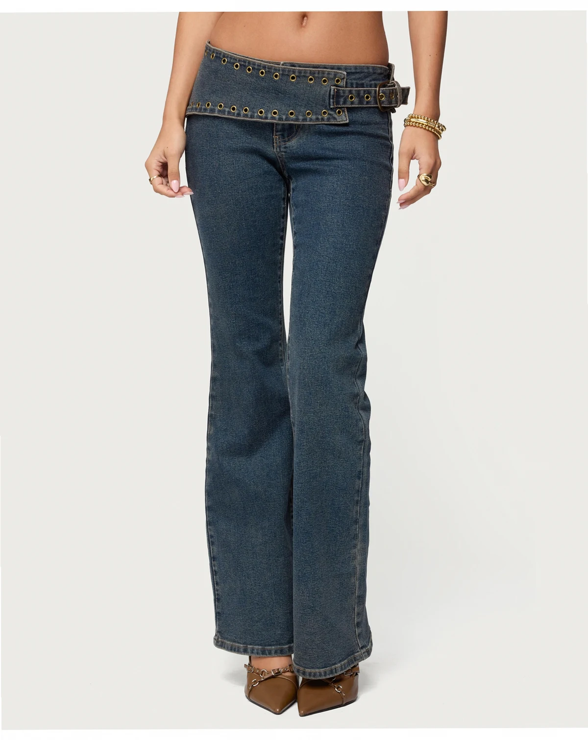 Women's Asymmetric Grommet Belt Low Rise Flared Jeans