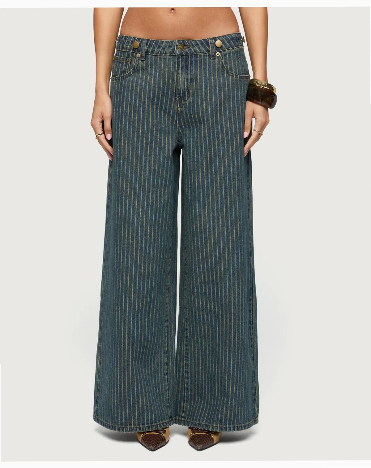 Women's Button Pinstripe Low Rise Baggy Jeans