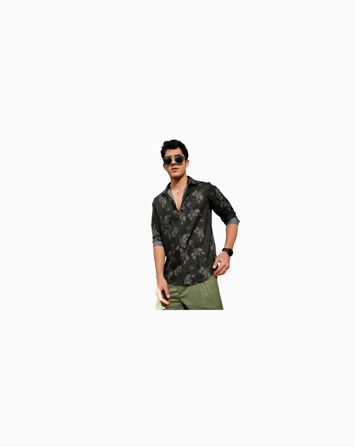 Men's Charcoal Grey Stamped-Foliage Shirt