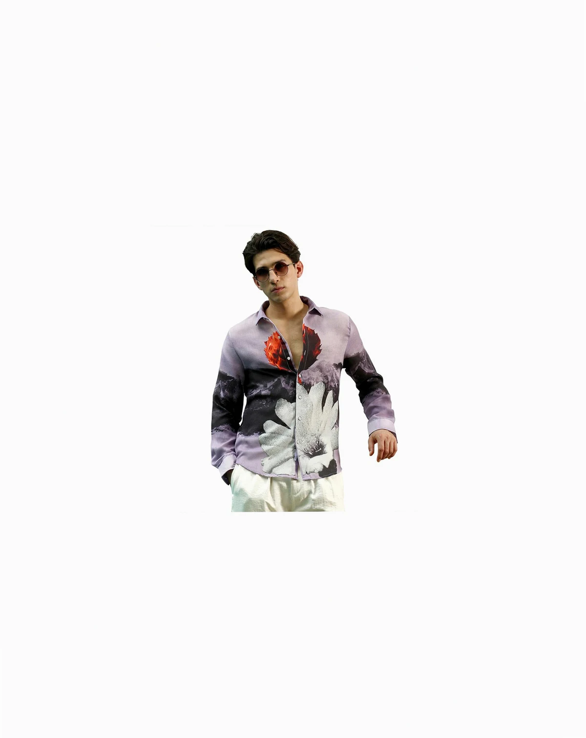 Men's Purple Floral Printed Shirt With Spread Collar