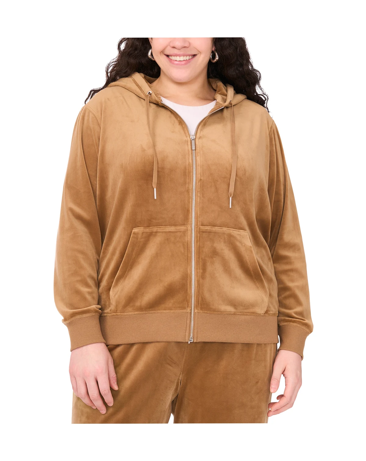 Plus Size Velour Zip-Front Hoodie Jacket