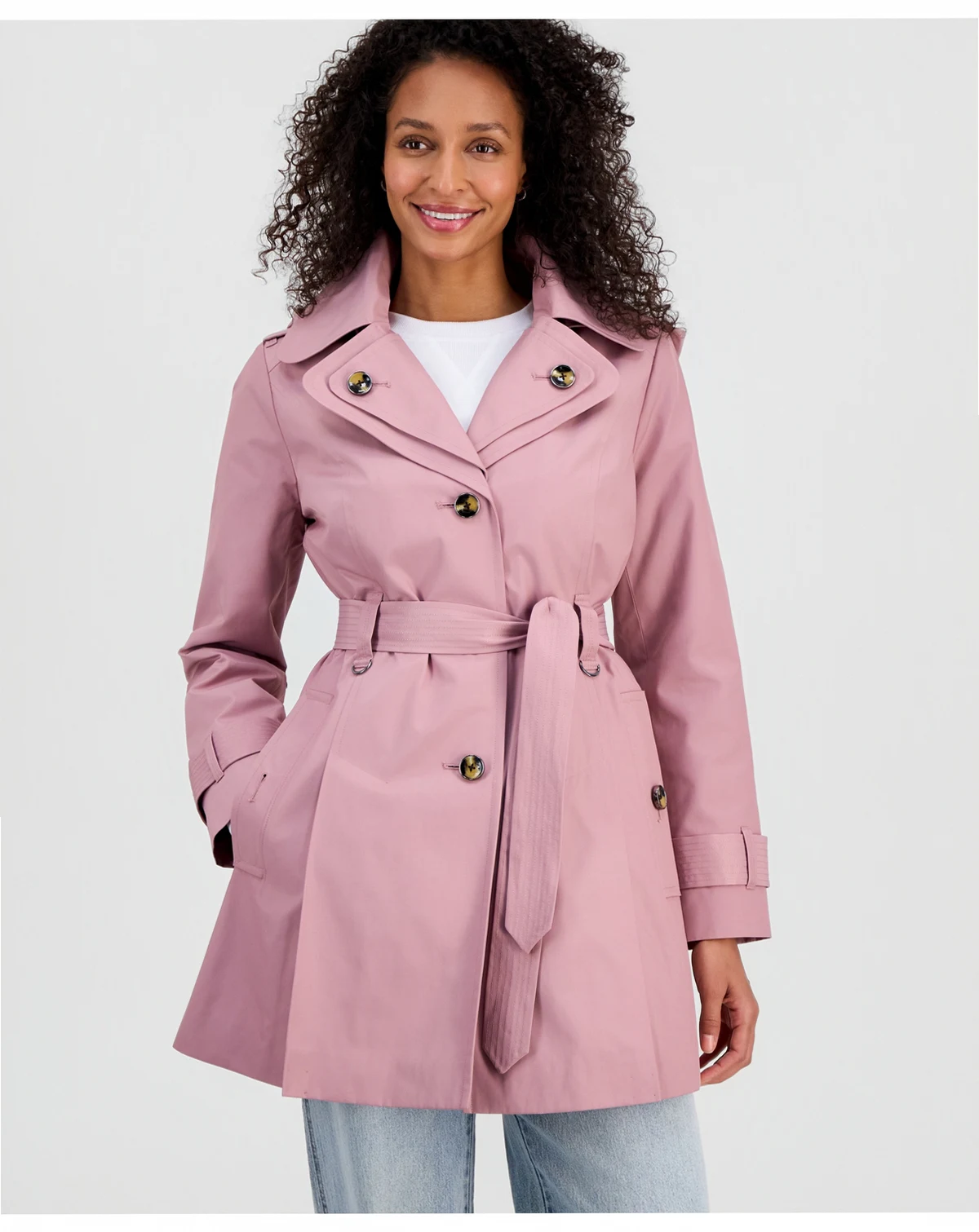 Petite Single-Breasted Hooded Belted Trench Coat