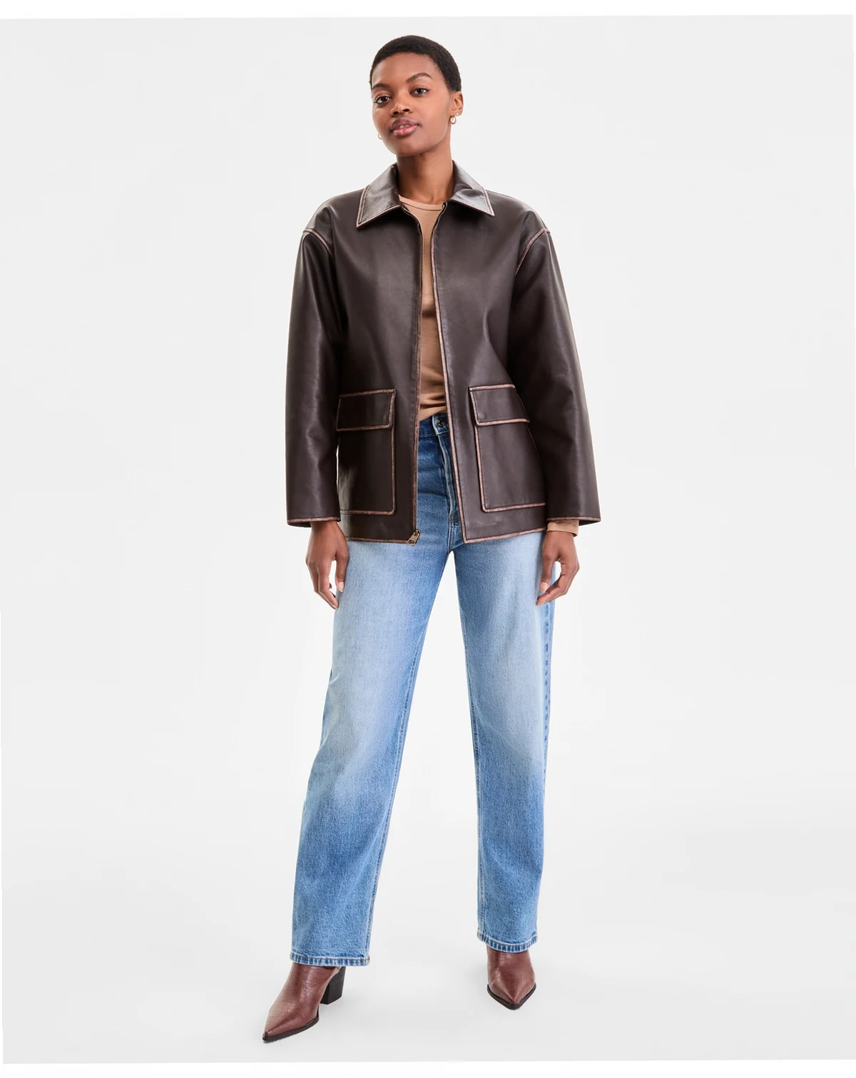 Women's Zip-Front Faux-Leather Coat