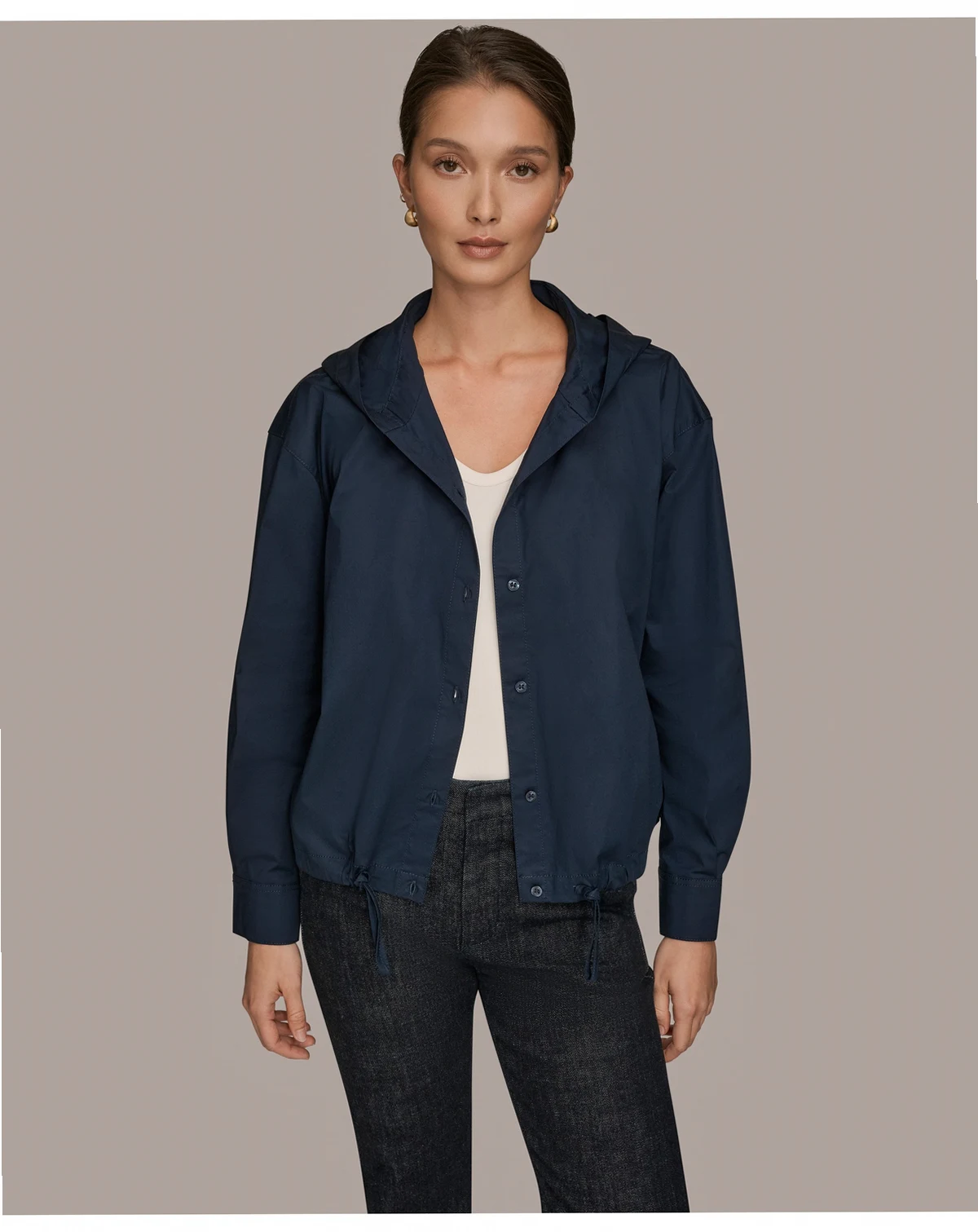 Women's Stretch Poplin Front Button Hooded Jacket