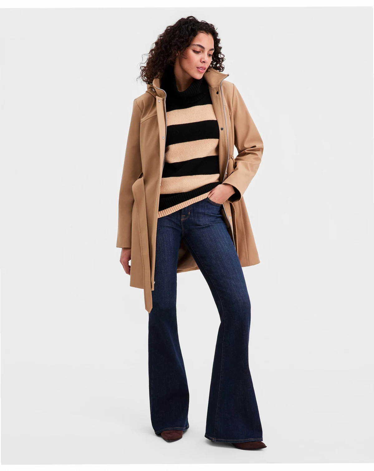 Petite Belted Zip-Front Raincoat