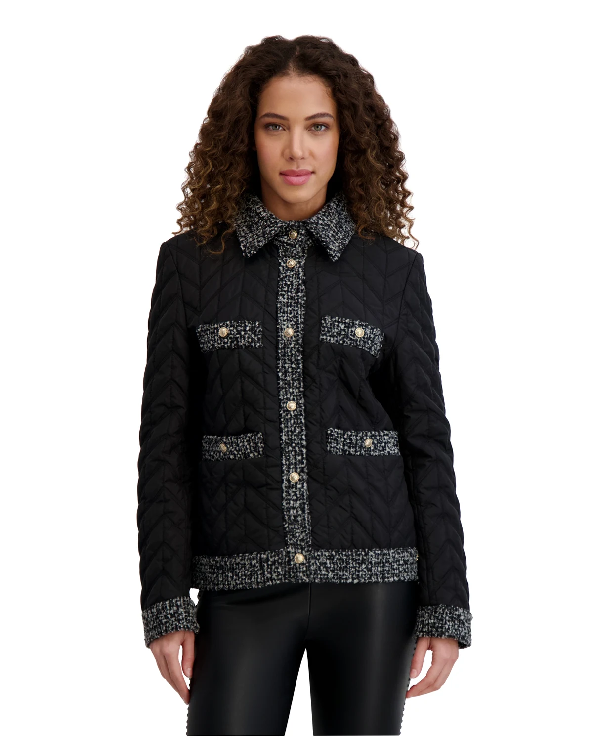 Women's Quilted Tweed-Trim Coat